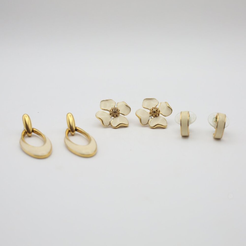 Vintage Crown Gold Tone Cream White Trifari Earrings: Set of Three: Signed